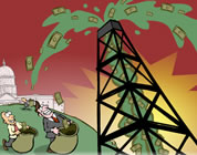 funny oil subsidies video link; thumb of oil men collecting bags of bucks gushing from an oil well