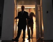 funny president video link; thumb of backlit image of ex-presidents walking through doors of President Obama's bedroom