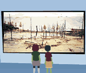 two kids standing in front of mural depicting a dead forest; click to go to animation page; opens in new window