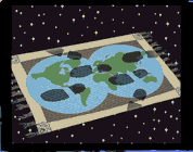 flying carpet with image of planet on it; link for funny animation/video; opens in new window