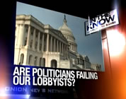 funny lobbyists video link; thumb of collage image of the US capitol building and news screen graphics