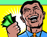 graphic of man with fist full of money, laughing