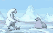 graphic image of polar bear and ring seal on unstable ice; link for amusing animation; opens in new window