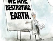 thumb of scientist standing near chart that says 'WE ARE DESTROYING EARTH'