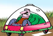 man in a very small alternative fuel vehicle; link for funny animation; opens in new window