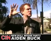politician speaking on campaign trail; caption reads, Aiden Buck, The New Bull Moose Party; click to see animation on YouTube; opens in new window