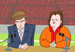 cartoon image of Donald Trump and Rosie O'Donnell as Superbowl commentators; click to see video on YouTube