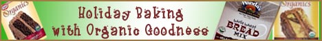 text says 'holiday baking with organic goodness'; pics are of organic baking mixes ... click to to to Amazon.com; opens in new window