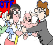 environmental voters guide link; cartoon of politician kissing angry baby